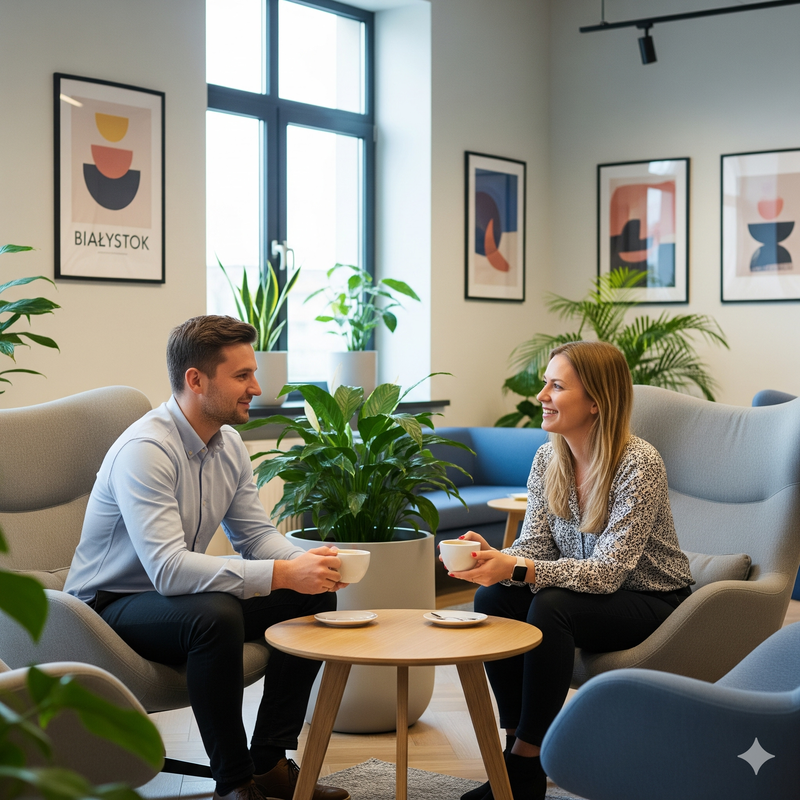 Dwoje profesjonalistów prowadzących rozmowę biznesową w strefie relaksu w Coworking Białystok.